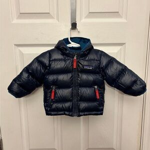 Patagonia Navy Puffer Jacket with Red Accents